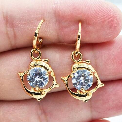 Gold Color Fashion Clear Zircon Crystal Lovely Dolphins Dangle Earrings For Women