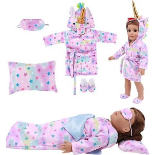 6Pcs Doll Sleeping Bag Bathrobes,Unicorn Jumpsuits,Sleeping Bag,Pillow,Mask,Slipper Fit 18Inch American&43CM Born Baby Girl Toy