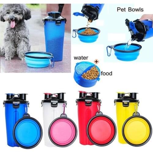 7 Colors Portable 2 in 1 Pet Water Bottle Food Container With Folding Silicone Pet Bowl Outdoor Travel Dog Cat Puppy Feeder Cup