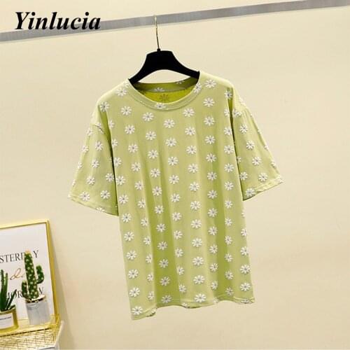 Blouses Plus Size Little Daisy Full Printed Flora Midi Tee Cotton Loose Sweet Short Sleeves T-shirt Loose Tops Women Summer