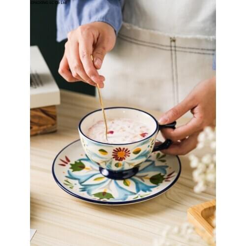 Household Ceramic 350ml Mug Flower Tea Breakfast Cup Juice Cup Milk Cup Coffee Cup Saucer Set Small Tray Afternoon Tea Tea Set