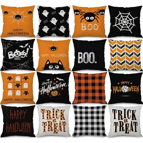Happy Halloween Cushion Covers October 31 Cobweb Pillow Case Beige Linen Pillowcase 45X45cm Sofa Decoration