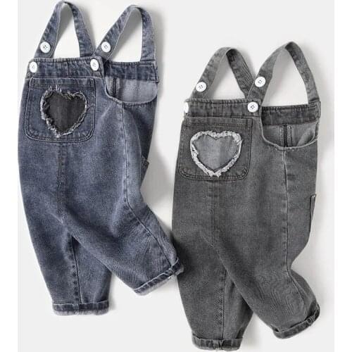 Kids Jeans Pants Spring Autumn Baby Denim Overalls Cute Love Print Solid Jumpsuit for Boys and Girls Childrens Denim Overalls