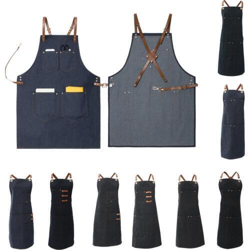 Ladies Men Leather Strap Denim Bib Apron BBQ Florist Baker Bartender Barista Chef Work Uniform
