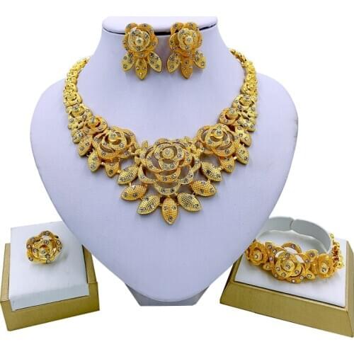 Indian Charm Women Party Fashion Jewelry Sets Flower Necklace Bracelet Earrings Ring Luxury Jewelry Bridal Jewelry Set