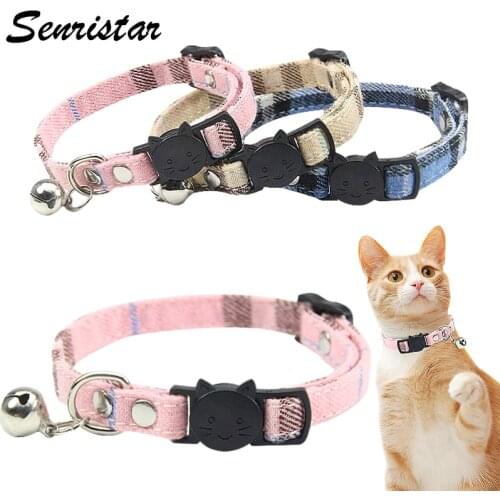 Plaid Canvas Cat Collar Bell Necklace Safety Adjustable Breakaway Cat Collars for Shorthair Kitten Small Cats Pet Collar
