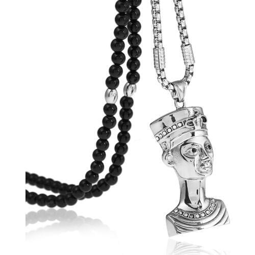 316L Stainless Steel Cleopatra Egyptian Pharaoh Pendant Necklace With Black Natural Stone Chain 26"
