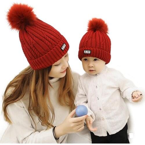 2Pcs Mom Baby Beanie Hats with Fur Pompom Winter Thicken Mother And Kids Cotton Knitted Beanies Parent-Child Thermal Caps