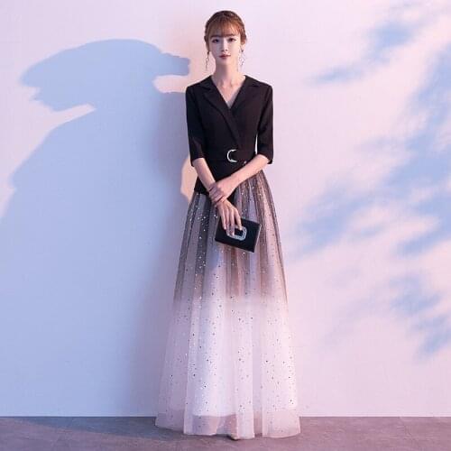 Special Occasion Dresses Vintage V-Neck Half Lace Tulle A-Line Sequined Luxury Black Floor-Length Elegant Women Prom Gown E824