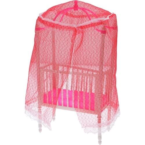 Dollhouse Miniature Furniture Pink Plastic Cot Bed with Bed Net for Doll Classic Toy Dolls Accessories Gift for Kids Girl