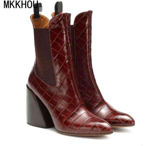 MKKHOU Fashion Short Boots Leather Boots Womens New Winter Cowhide Pointed Thick Heel High Heel Commuter Boots Large Size 34-43