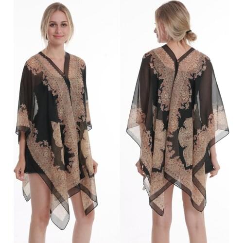2021 new womens retro print beach swimsuit cover up plus size chiffon sunscreen shawl top scarf with buttons for travel vacation