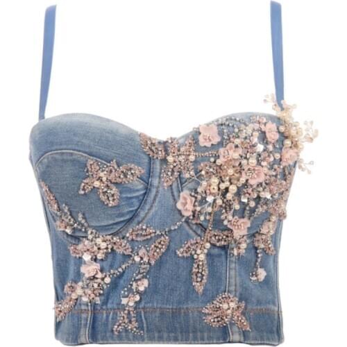 Original Handmade Floral Beads Bustier Party Night Club Dancer Shiny Crop Top Denim Tank Tops Jeans Stretch Vest Bra For Stage
