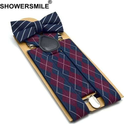 SHOWERSMILE Bow Tie Suspenders Men Plaid Mens Suspenders Braces for Trousers British Vintage Women Shirt Suspender Pants 3.5cm