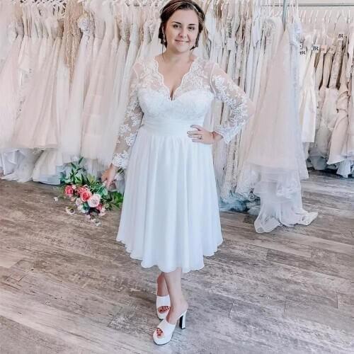 Simple Short Wedding Dress 2021 Plus Size Lace Long Sleeve A-Line Appliques Bridal Gowns White Tea Length Chiffon Dresse
