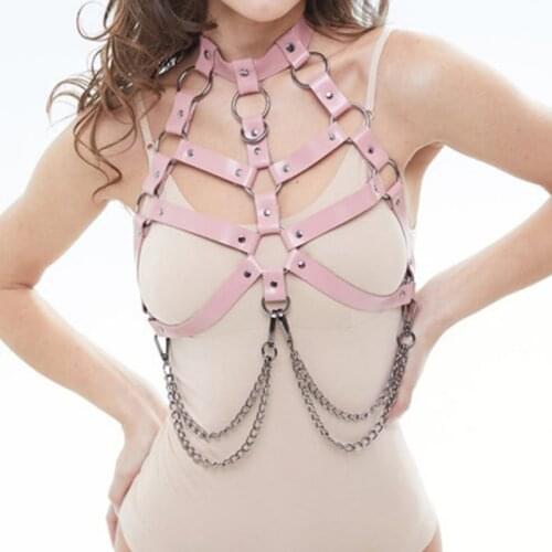 Pink Women Leather Harness Bra Sexy Lingerie Body Bondage Straps Chest Harness Cage Garter Belts Gothic Chain Belt Suspenders