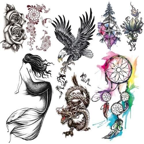 Mermaid Dragon Fake Temporary Tattoo For Women Men Black Eagle Flower Tattoos Sticker Body Art Arm Dreamcatcher Pine Lotus Tatoo