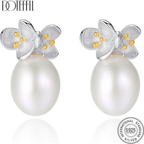 DOTEFFIL Earrings Natural Freshwater Pearl 925 Sterling Silver Flower Pearl Earrings For Women Jewelry Wedding/Party Gift