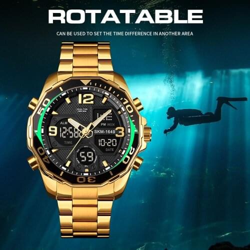 SKMEI Top Brand Luxury Watches Men Wristwatch Gold Digit Quartz Dual Movement LED light Male Stopwatch Clock Relogio Masculino