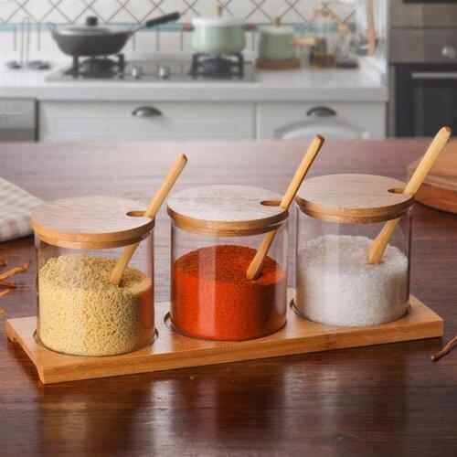 Glass Spice Jars kitchen Condiment Jars Sugar Can Food Storage Containers With Bamboo Lid And Wooden Spoon For Tea Coffee Spice