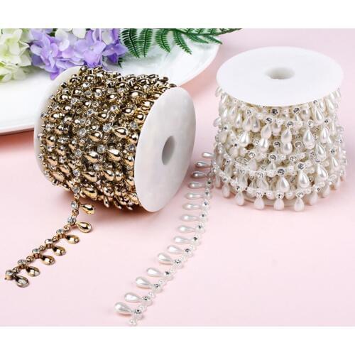 10Yard Rhinestone Tear-drop Pendant Beads UV Plated Chain Trim For Sewing Apperal Bag Shoes Cap Collar Holiday Decoration