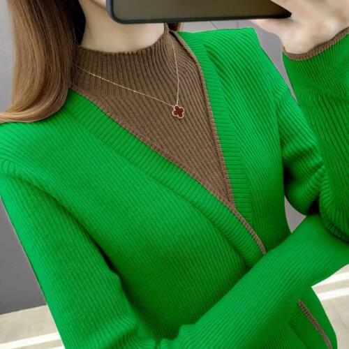 New Fashion Fake Two Pieces Plus Fleece Warm Sweater Women Autumn Winter Half-Turtleneck Knitted Bottoming Shirt Pullover KW1086