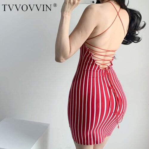 TVVOVVIN Stripes Show Thin Big Backless Cross Bandage Slim Hip Elastic Halter Neck Sexy Strapless Mini Dress Womens 85X5