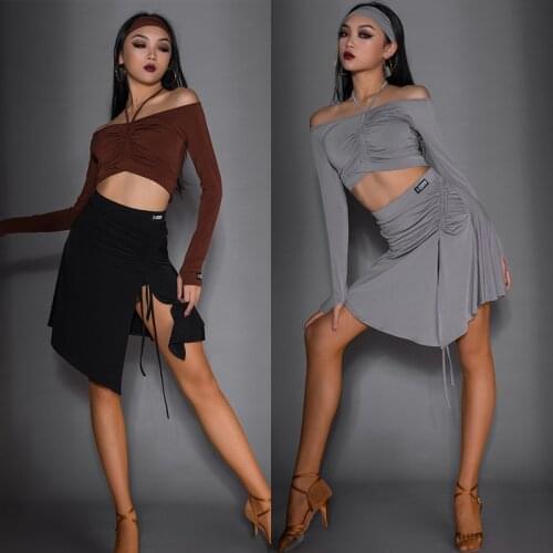 2021 New Latin Dance Costumes For Women Long Sleeve Tops Sexy Drawstring Split Skirts Latin Performance Dance Clothes DN7917