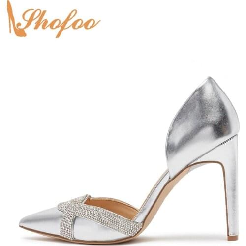 Silver Crystal Stilettos Pumps Woman High Thin Heels Pointed Toe Large Size 14 16 Ladies Fashion Sexy Evening Party Shoes Shofoo