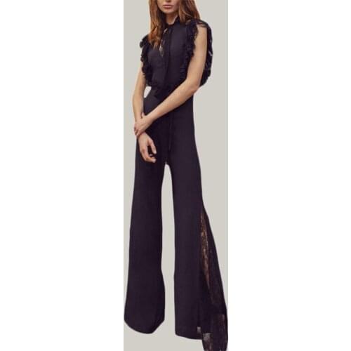 STREET New HIGH Fashion 2021 Designer Womens Elegant Sleeveless Lace Bow Ruffles Patchwork Black Boot Cut Wide Leg Jumpsuit