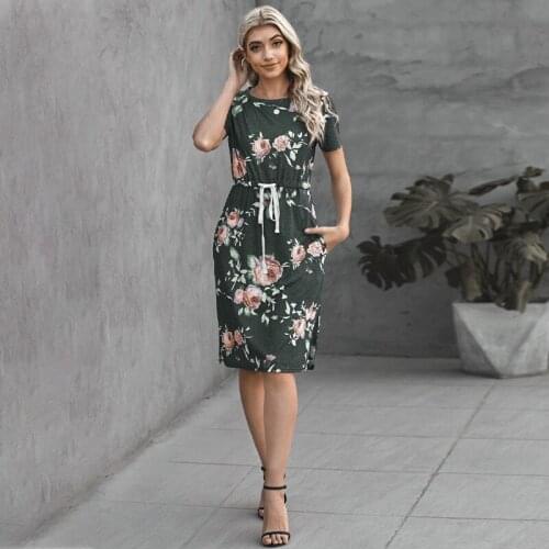 European Style Summer Women Fashion Vintage Print A-line Office Lady Dress Casual High Waist Short Sleeve O-neck Party Dress