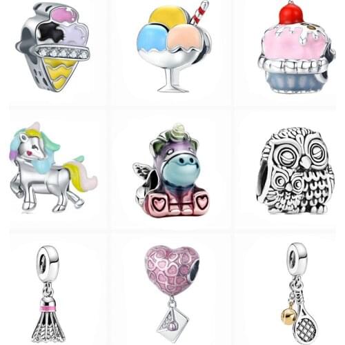 2021 Colorful Unicorn Summer Ice Cream Envelope Tennis Pendant Beads Fit Original Pandora Charm Silver Color Women Jewelry Gifts