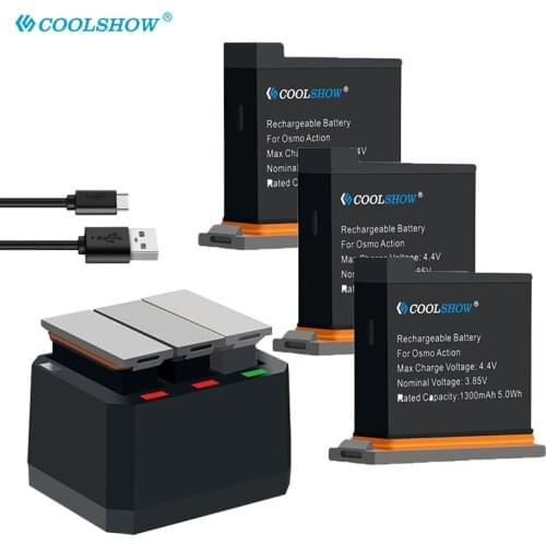 Batteries 3pcs 1300mAh Battery 1pcs Rapid 3-Channel USB Charger for DJI Osmo Action Camera New Battery