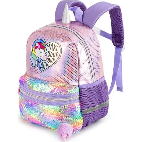 Sequins Unicorn Backpacks Children Rainbow Gillter Purple Back Pack Kindergartent Shoolbag with Ball Pendant Back to School Gift
