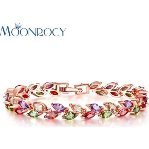 MOONROCY Free Shipping Rose Gold Color Leaf Colourful Crystal Cubic Zirconia Bracelet Jewelry Bangle for Girl Women Gift