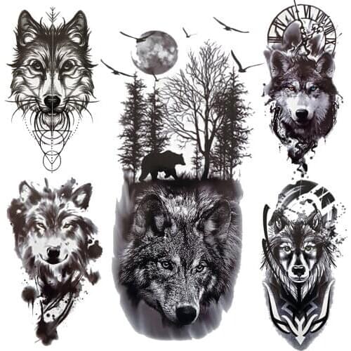 Black Forest Wolf Temporary Tattoo For Men Realistic Fake Tattoos Sticker Geometric Bird Leopard Tatoos Moon Totem Body Armband
