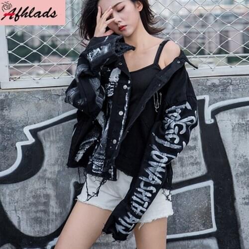 Spring And Autumn New Streetwear Black Irregular Graffiti Jacket Denim Jacket Coats Plus Size Women Tassel Hip Hop Outerwear