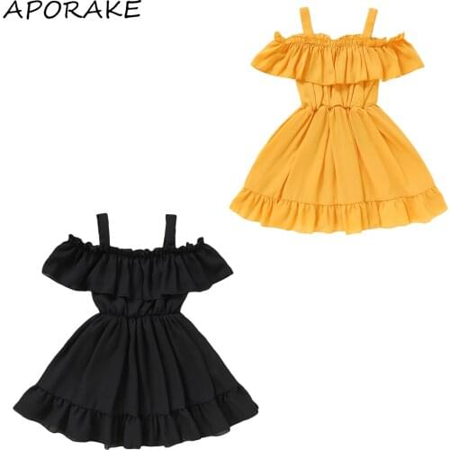 2021 0-6Y Princess Kids Baby Girls Dress Summer New Solid Color Ruffle Off Shoulder Short Sleeve Pleated Dress Sundress