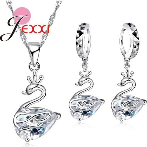 Exquisite Elegant Cute Animal 925 Sterling Silver Cubic Zirconia Crystal Bird Necklace Piercing Brincos Drop Earrings