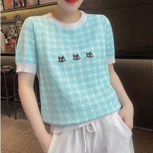 Sweet Summer Vintage Plaid Knitwear Womens Cute Cat Embroidered Knitted T-Shirt Short-Sleeved Round Neck Pullover Sweater Tops