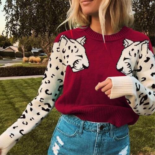 Fashion Leopard Womens Sweaters Knitted Long Sleeve Sweater Tops Ladies Casual Knit Loose Jumper Pullover
