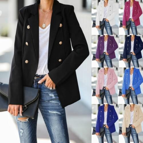 Fashion Double Breasted Office Ladies Solid Color Blazer Long Sleeve Suit Coat Jacket Women Blazer Female