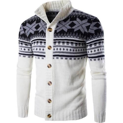 Fashion mens sweater Autumn mens Snowflake pattern Single-breasted warm knit jacket male Stand Collar Christmas Cardigan coat
