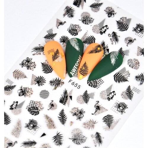 3D nail art sticker black gold white leaves plant manicure tip accessories self glue transparent nail foils FW071