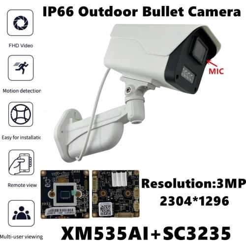 XM535AI+SC3235 Built-In MIC Audio IP Outdoor Bullet Camera 3MP 2304*1296 IRC VMS XMEYE ONVIF P2P IP66 WaterProof Radiator RTSP