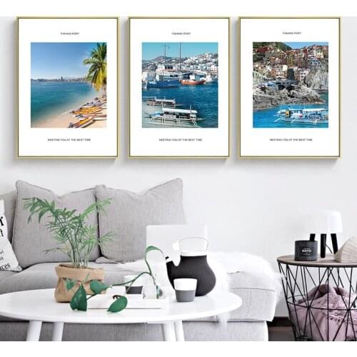 Nordic Style Tropical Beach Landscape Wall Art Canvas Painting Blue Sea Boat Poster Print Picture for Living Room Home Decor