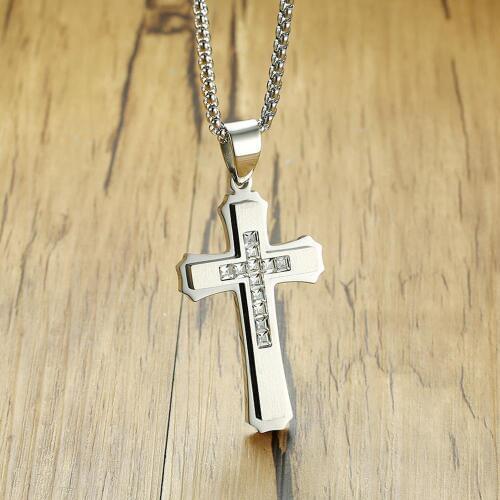 New Crystal Cross Necklace for Men Silver Color Cross Pendant Necklace Mens Fashion Jewelry Stainless Steel Necklace