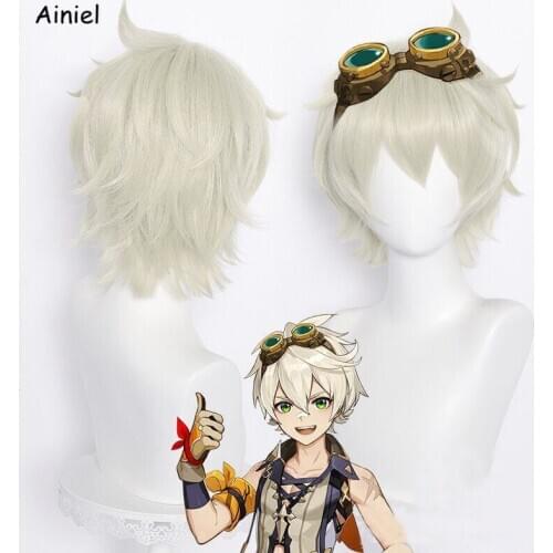 Game Genshin Impact Cosplay Bennett Short 30cm Wig Grey Gold Hairs Cosplay Cosplay Wigs Heat Resistant Synthetic Wigs Halloween