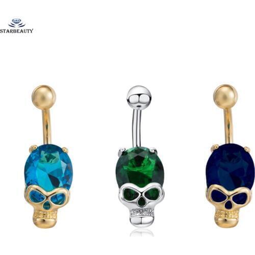 14G Punk Shining Zircon Skull Belly Button Rings Gold Silver-Color Navel Piercing Body Jewelry Navel Belly Earrings