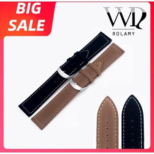 Rolamy 18 22mm Top Quality Suede Leather Black Brown Watch band Strap Belt Silver Polished Pin Buckle For Rolex Omega Tissot